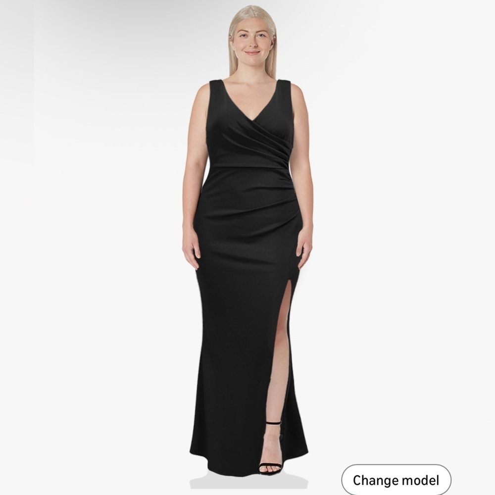 WOOSEA Women Black V Neck Sleeveless Ruched Mermaid Evening Gown XL NWT